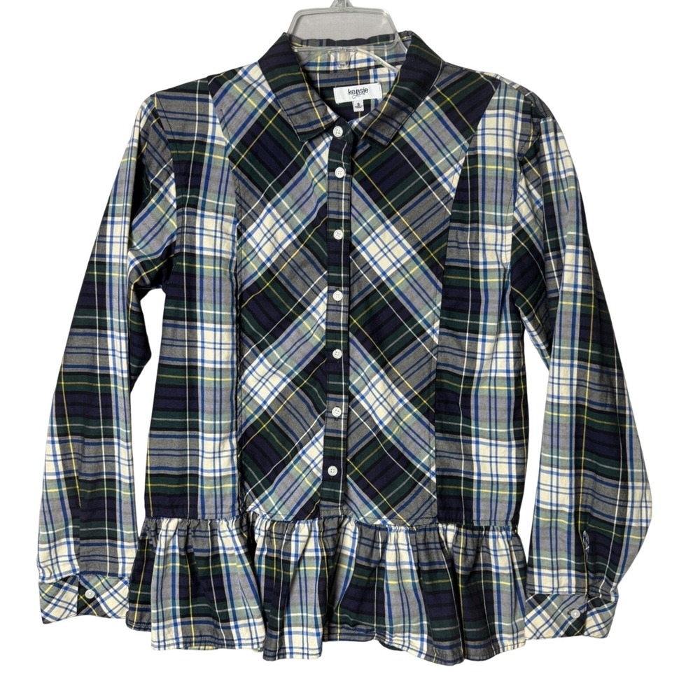 Kensie Jeans Peplum Women's Small Blue Green Plaid Button Down Shirt Cotton‎